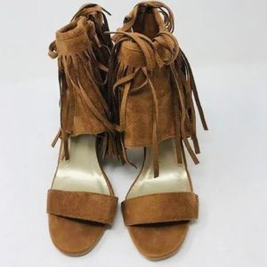 Adriana Donya Brown Wedge Fringe Sandals.